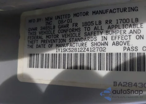 2002 Chevrolet Prizm from USA, damaged, VIN 1Y1SK52812Z412702